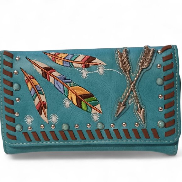 Turquoise Faux Leather Feather Arrow Convertible Wallet Clutch Crossbody - Picture 2 of 16